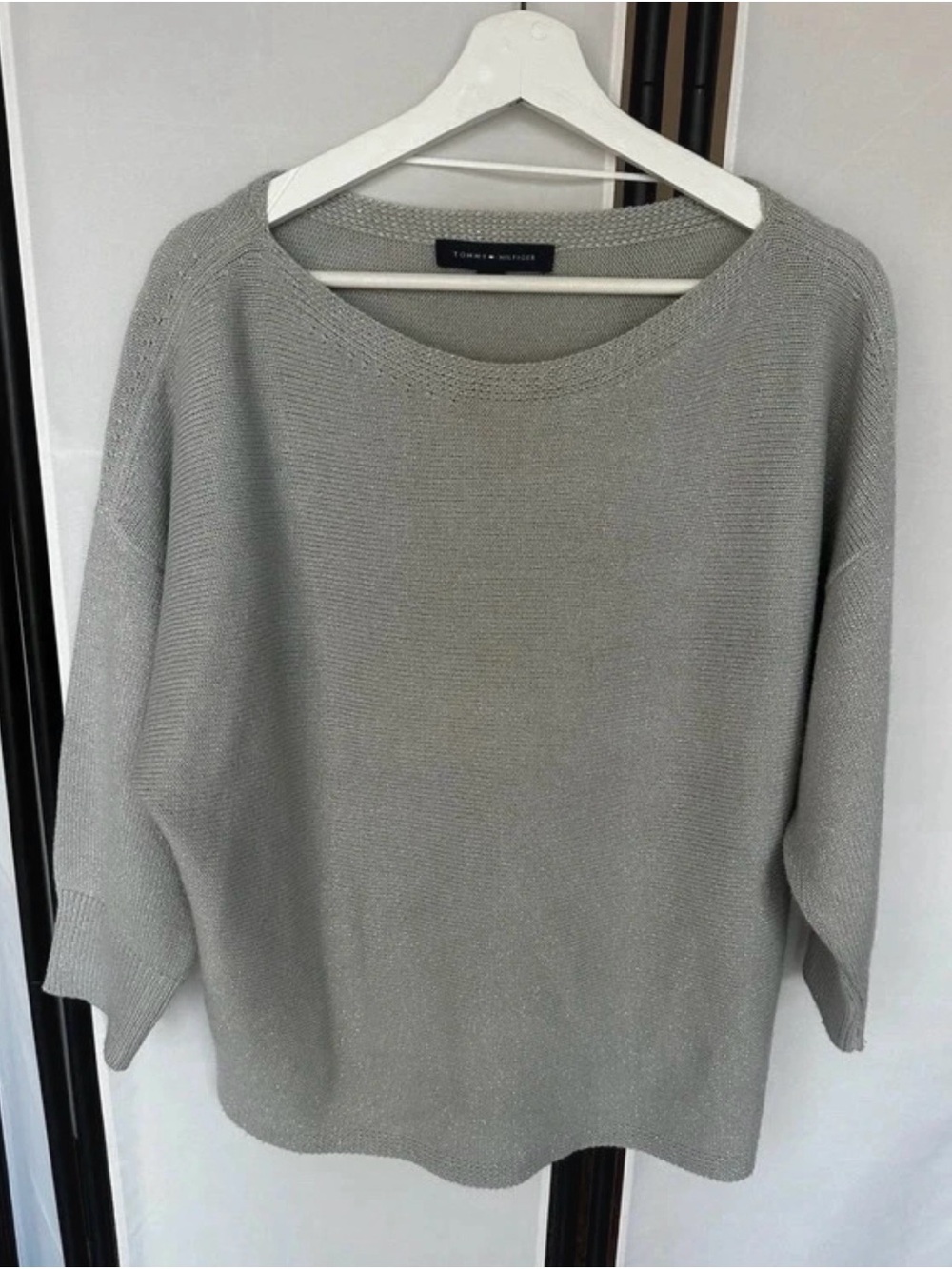 Tommy Hilfiger Silver Metallic Knit Sweater Dolman Sleeve Size L